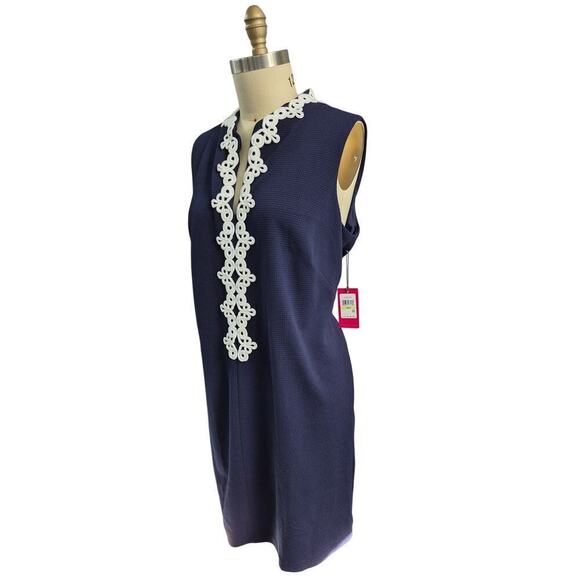 NWT Vince Camuto Navy Blue Polyester Dress White Embroidery Waffle Textured 18W - Picture 2 of 5